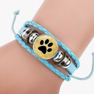 Baby Blue Paw Print Glass Charm Leather Bracelet with Silver Accents